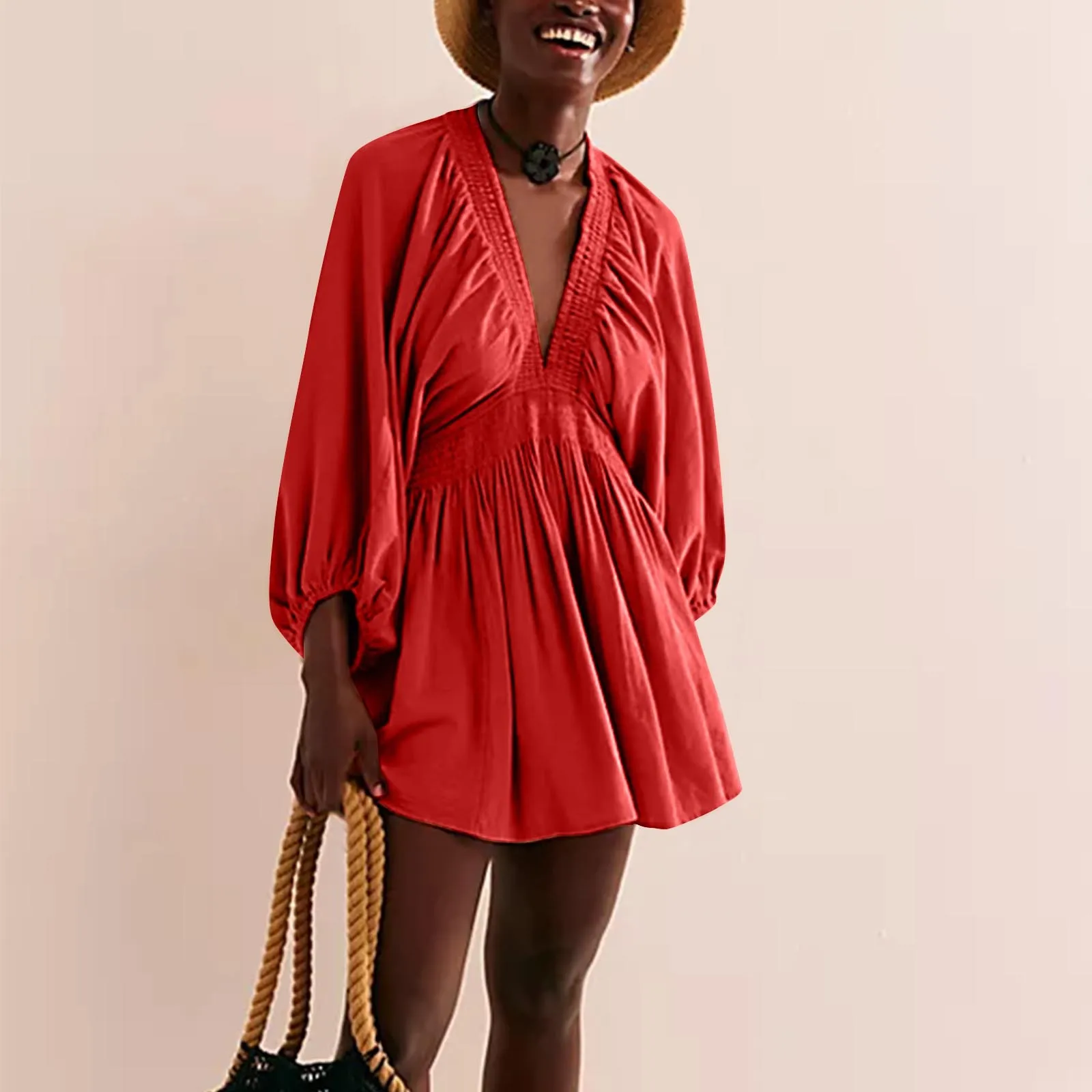 

2025 new fashion ruffled raglan sleeve dress women summer sexy and elegant solid color pleated V-neck mini Dresses for women