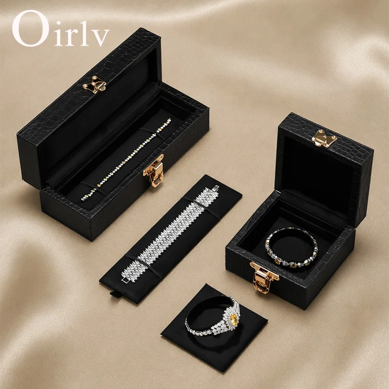 Oirlv Black Leather Jewelry Box Ring Earring Bracelet Necklace Jewelry Gift Box Velvet Lining Multi-size Storage Case