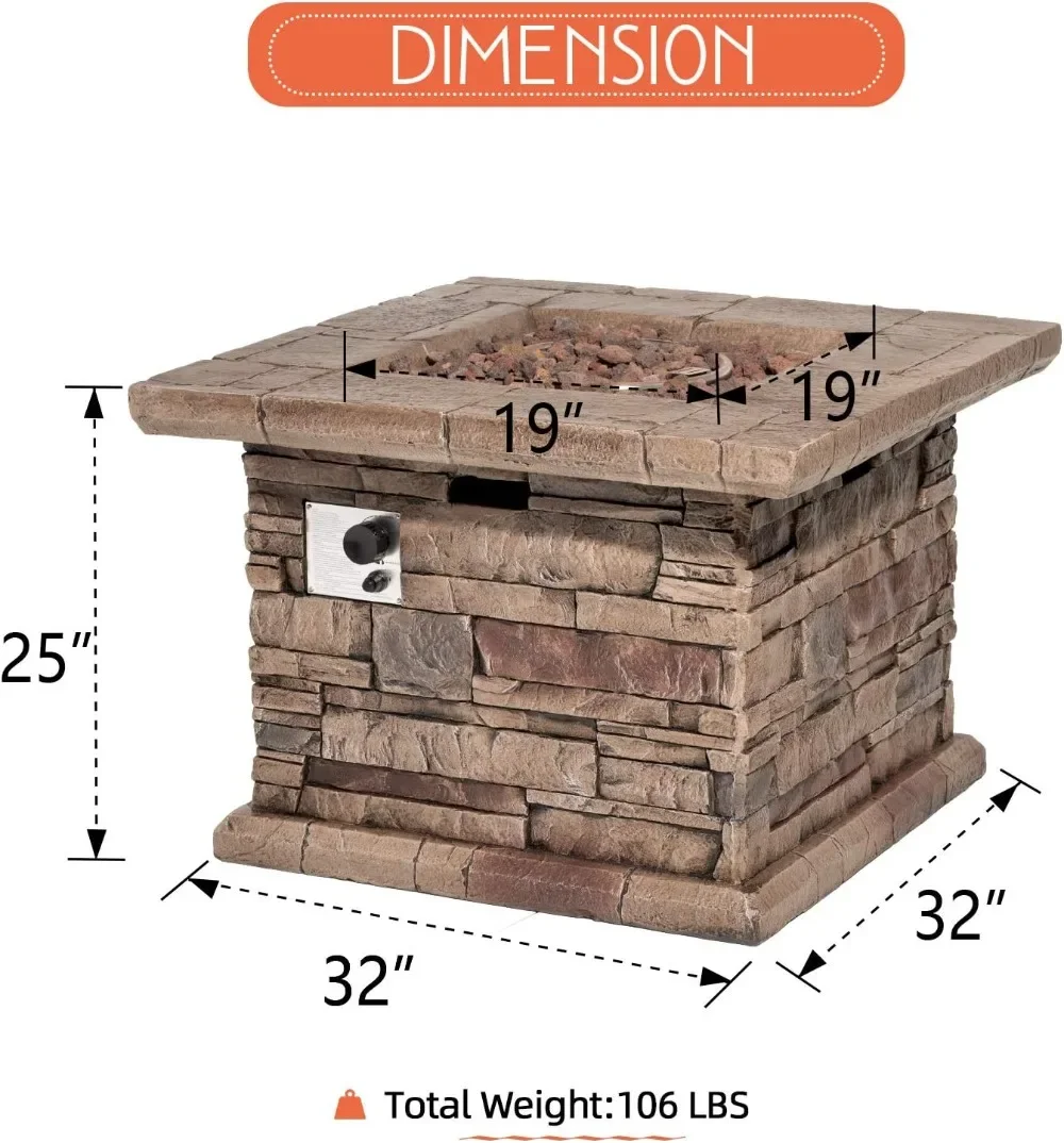 Outdoor Propane Fire Pit Table 32-inch Imitation Stone Square Concrete Propane Fire Pit with Lava Rocks and Rain Cover 50,000