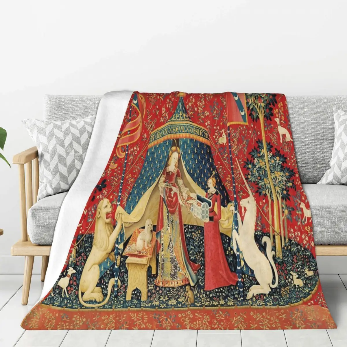 

Soft Cozy Throw Blanket for Sofa Bed Lady and the Unicorn Desire Lion Fantasy Flowers Animals Red Green Floral Tapestry Design