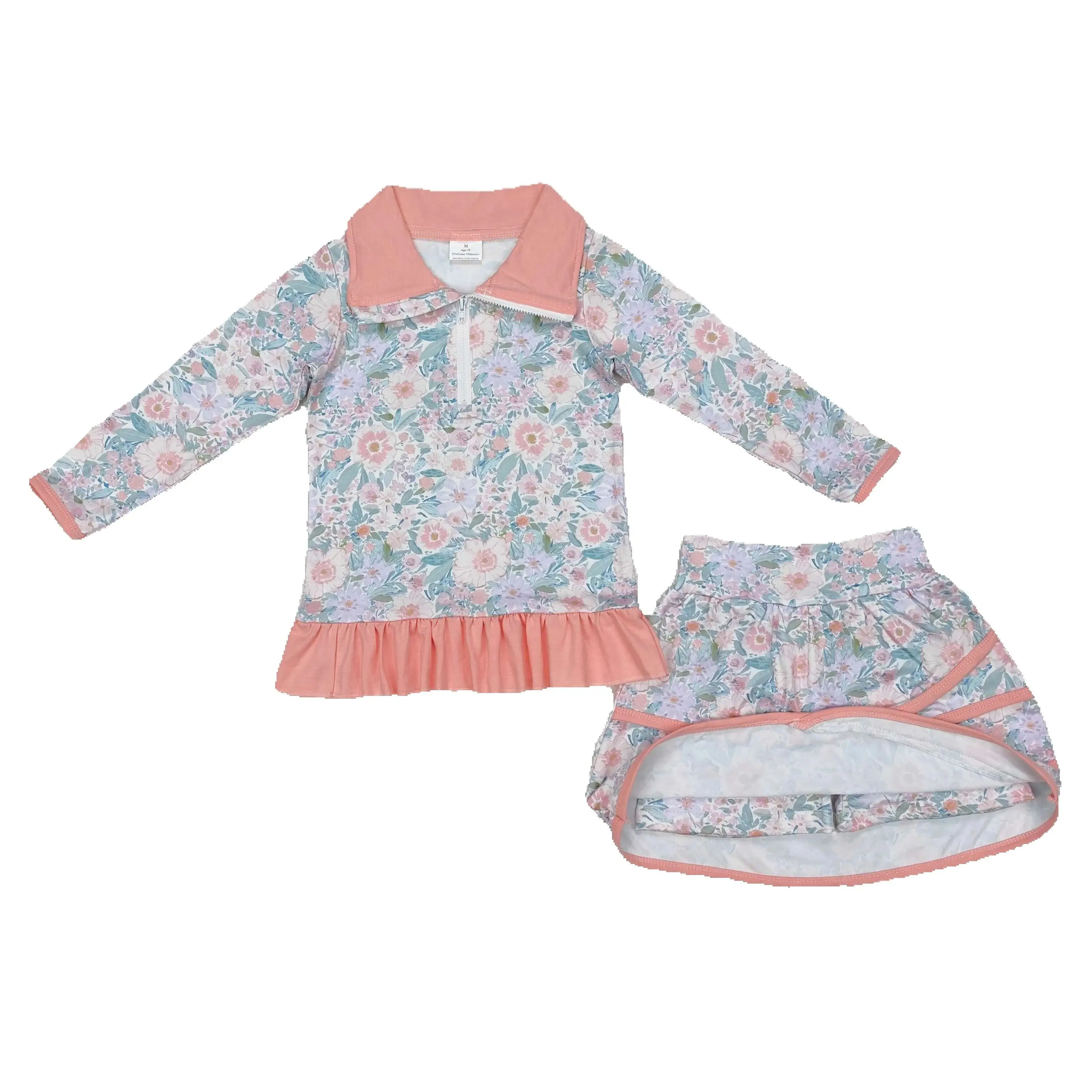 

New Arrival Baby Girls Pink Flowers Zipper Top Skirt Ruffle Skort Shorts Bottom Sets Kids Children Long Sleeve Outfits Wholesale