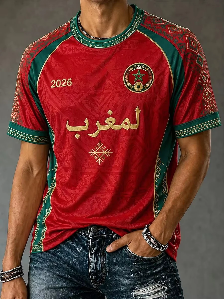 2026 Summer Moroccan Folk-style Casual Retro Football Commemorative T-Shirt Breathable Soft Streetwear Men Women Family Kid Tees