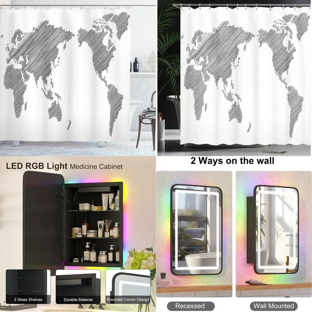 

Занавеска для душа с глобальной картой - полосатый дизайн континентов, мировая география искусства на тканевом декоре для ванны