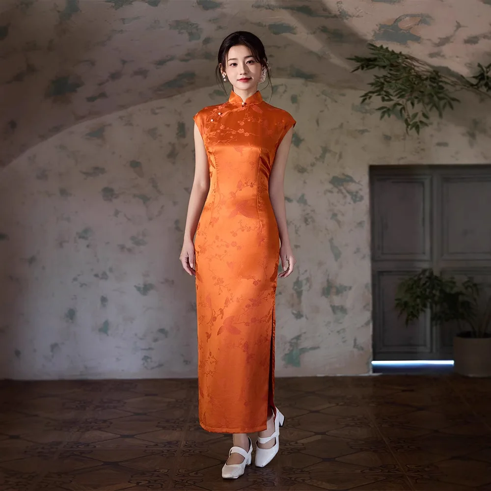 

Ancient Full Cardigan Silk Chinese Floral Traditional Vintage Modern Cheongsam Qipao Daily Improved Retro Orange Thin