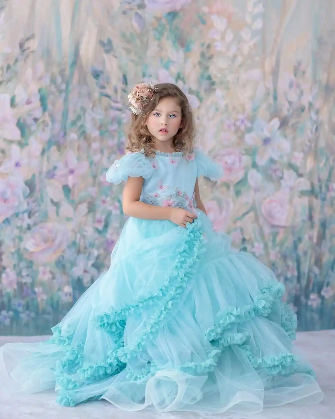 Cute Boho Flower Girls Dresses Tulle Ruffles Appliqued Litter Kids Birthday Dress Communion Party Gowns