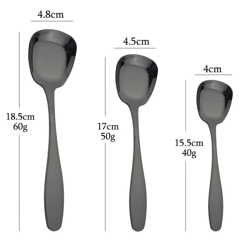 3Pcs/Set Square Spoon Stainless Steel Flat Bottom Spoons Large Medium Small Salad Black Cutlery Dessert Scoops Soup Dinnerware