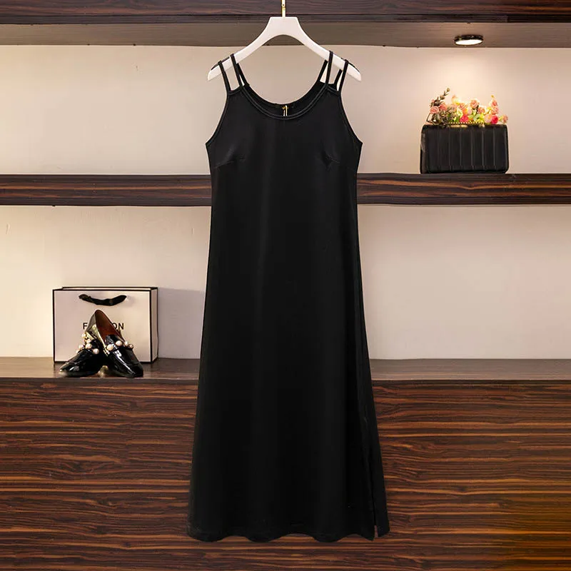 

130Kg Bust 137 Plus Size Women's Summer Loose Inner Bottoming Long Suspender Dress Black 5XL 6XL 7XL 8XL