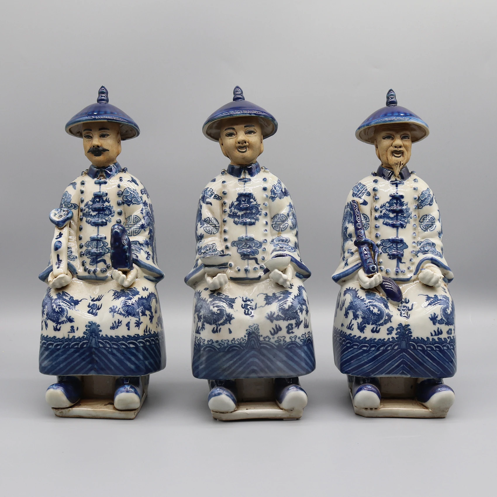 Chinese Emperor in Qing Dynasty, Blue and White Ceramic Figurine, Table Accessory