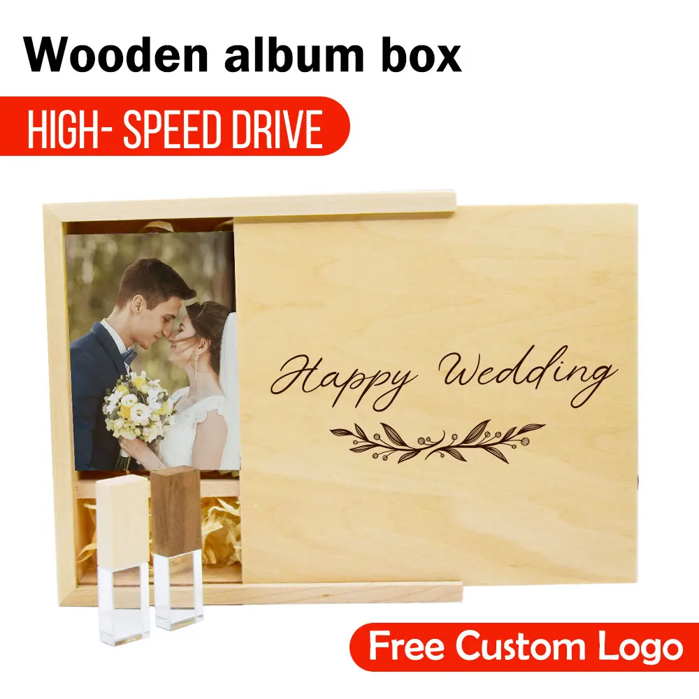 

Free custom logo Wooden Photo Album Box USB 2.0 Flash Drives 32GB Memory Stick 64GB Creative Wedding Gift crystal Pen Drive 4GB
