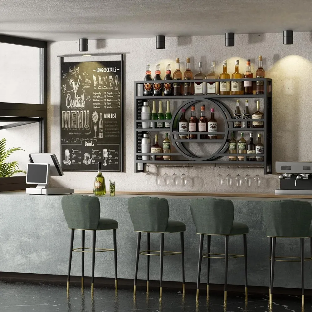 3-laags 39 inch wijnrek wandmontage, zwevende barplanken met wijnglashouder hangende industriële drankenplank, wandmontage W