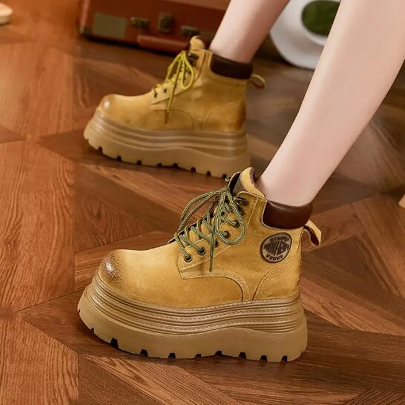 2026 Autumn Women Ankle Boots 9CM Heels High Top Chunky Shoes Short Motorcycle Boot Winter Leather Sneakers Woman Botas Feminina