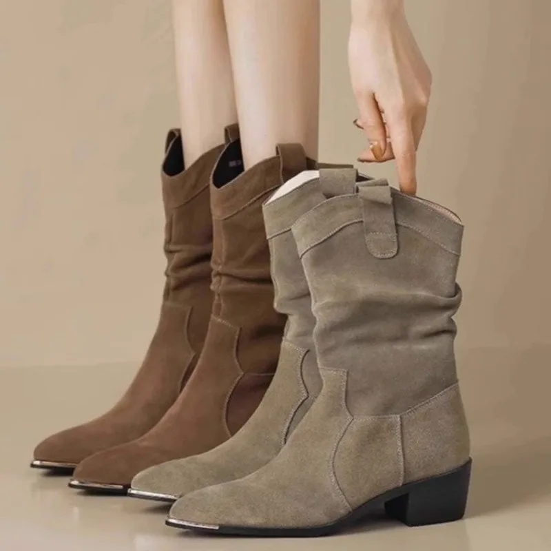 2024 Winter Classic Chelsea Boots for Woman Cow Suede Pointy Toe Wedge Heel Ankle Boots Simple Comfortable Cowboy Boots Female