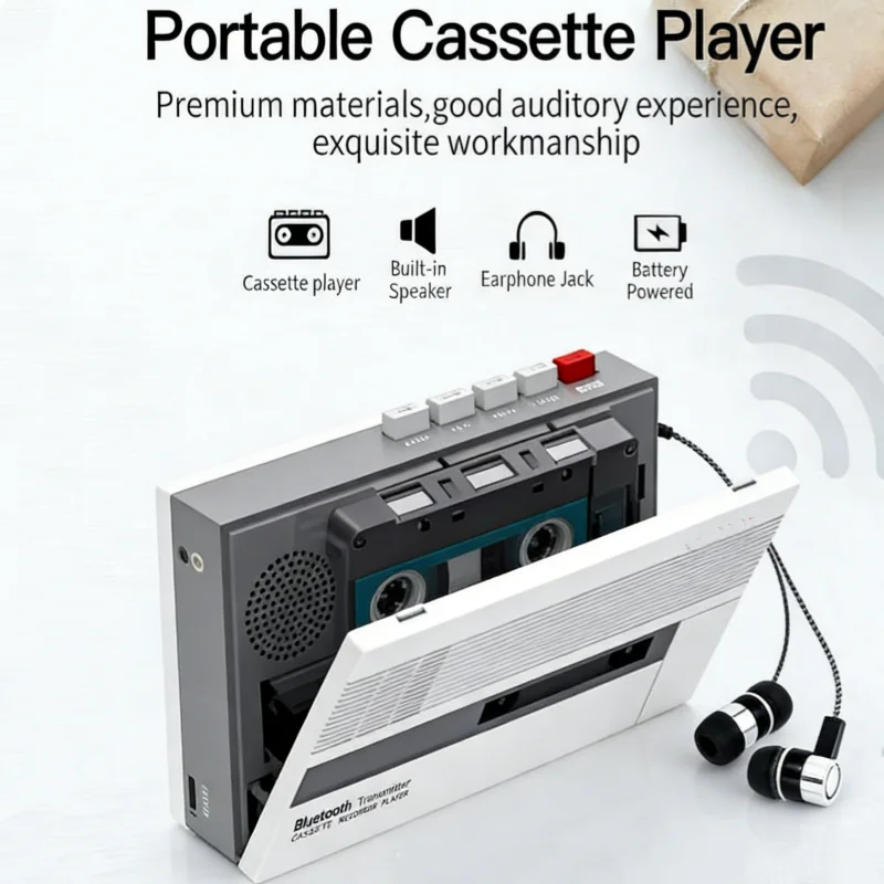 

Ретро-кассетный плеер-рекордер Walkman, Bluetooth-передатчик, стереозвук, встроенные динамики 2 Вт и микрофон, функция автоматической остановки