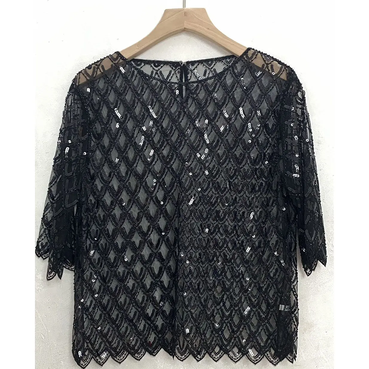 

Sexy Solid Glitter Sequined Loose Short Tops Women See Through O Neck 3/4 Sleeve Hollow Out Blouses Lady Beach club Outfit