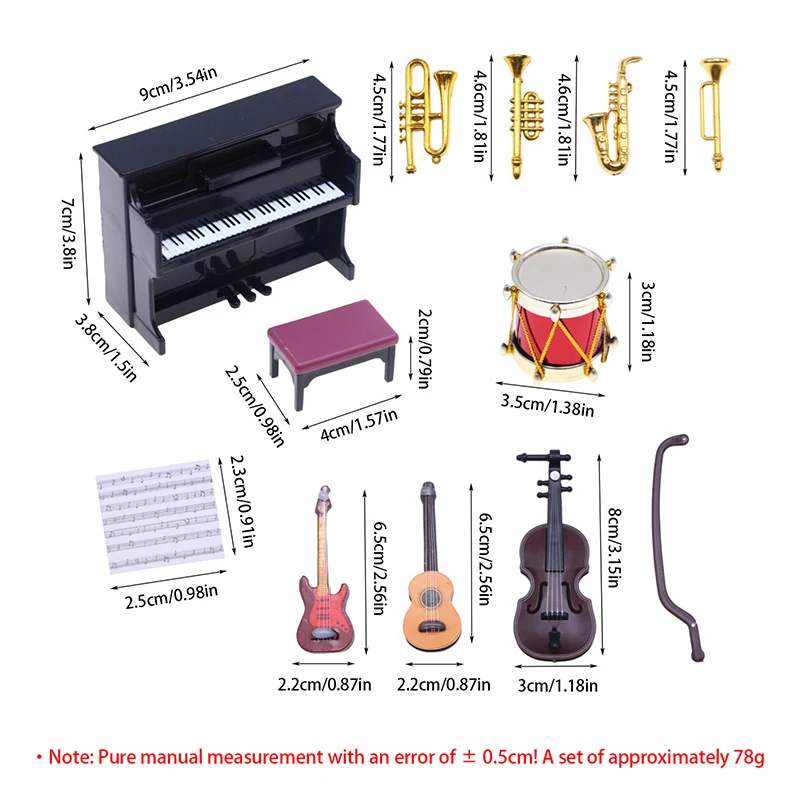 12PCS Miniature Jazz Drum Kit Model Mini Microphone Cymbal Musical Instrument 1/12 1/6 Dollhouse Mini Piano Guitar Saxophone Set