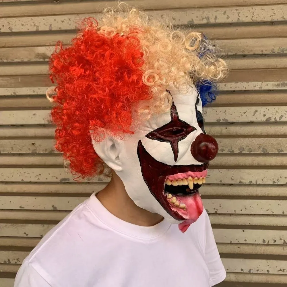 

Terrifying Clown Costume Mask Colorful Hair Toothy Tongue Out Ghost Festive Mask JingleJangle Style Scary Design