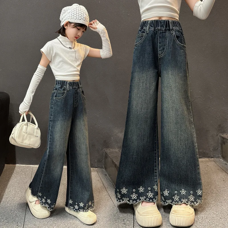 الفتيات الربيع والخريف الجينز 2025 نمط جديد في سن المراهقة الأطفال المطرزة بنطال ذو قصة أرجل واسعة الفتيات فضفاض مستقيم الساق بنطلون #4