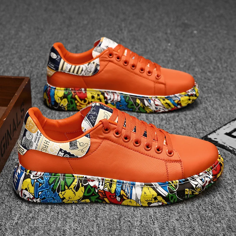 

Trendy Graffiti Orange Men's Sneakers High Quality Casual Sneaker Men Women Low Cut Platform Designer Shoes Man chaussure hommes