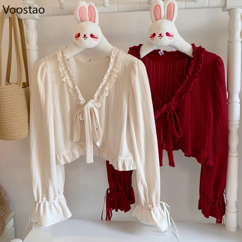 

Japanese Kawaii Lolita Style Knitted Cardigan Women Sweet Y2k V-Neck Ruffles Long Sleeve Crop Jackets Female Casual Short Coat