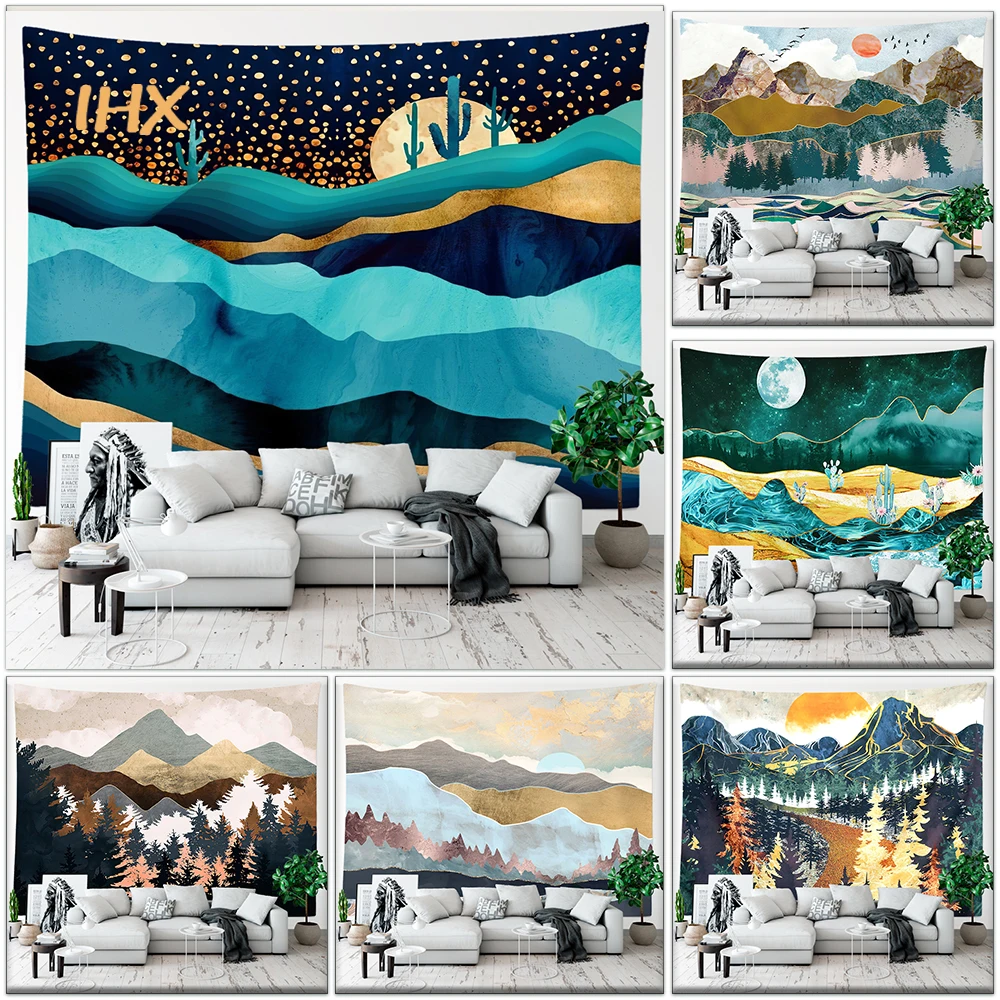 Psychadelic Mountain Tapestry Wall Hanging Sun and Moon Landscap Large Cloth Wall Tapestry Boho Room Decor Aesthetic Decoration