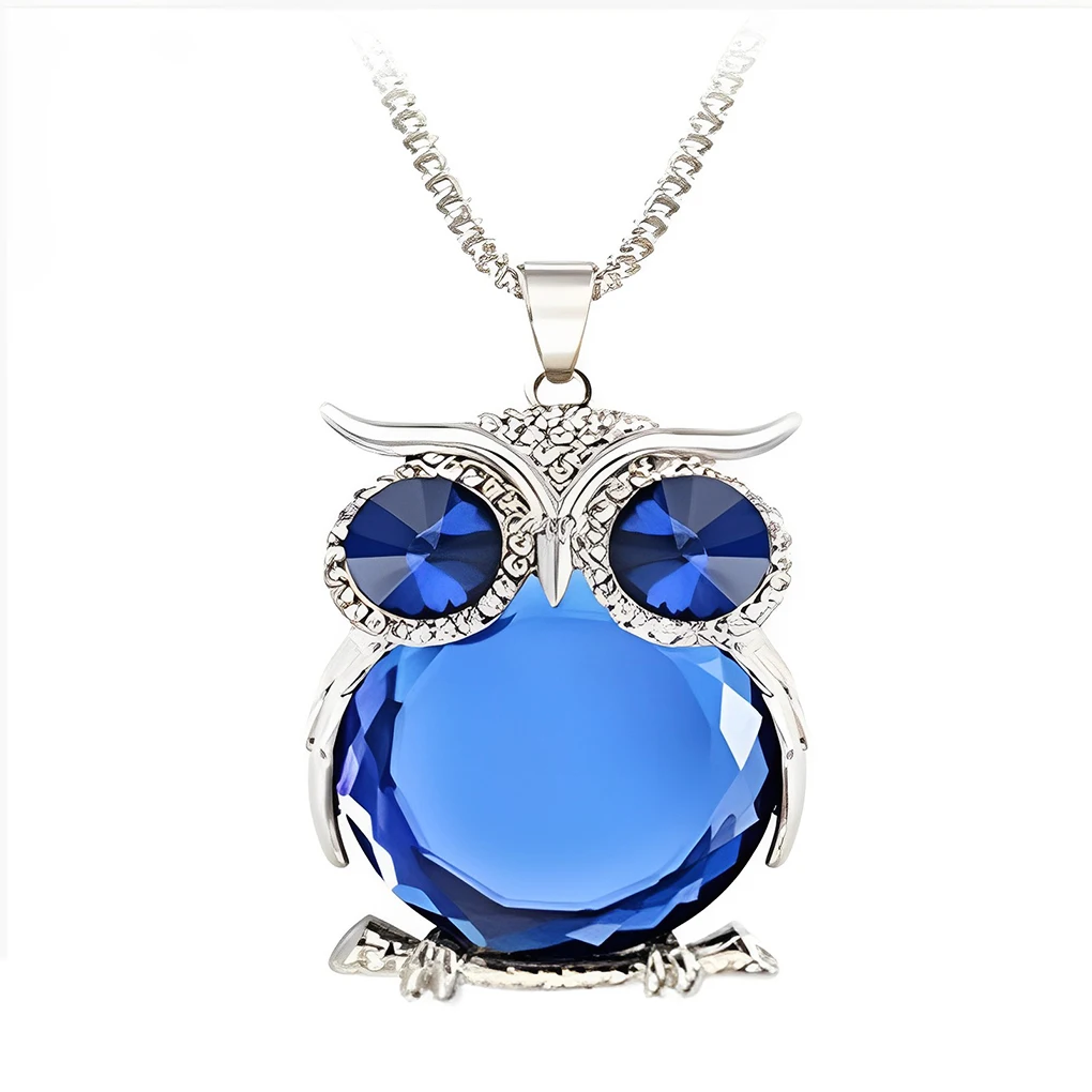 Women’s Blue Eyes Owl Pendant Rhinestone Necklace Alloy Sweater Chain