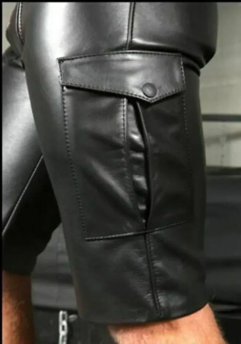 Men Faux Leather Shorts Pants PU Casual 2024 Motorcycle New Male Summer Black Zipper Riding Pu Cargo Multi-Pockets Street Cloth