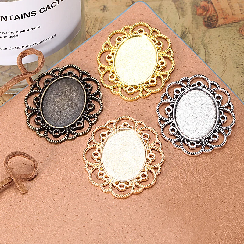 10pcs 18x25mm Inner Size 4 Colors Plating Classic Hollow Flower Cameo Cabochon Base Setting Charms Pendant Necklace Findings