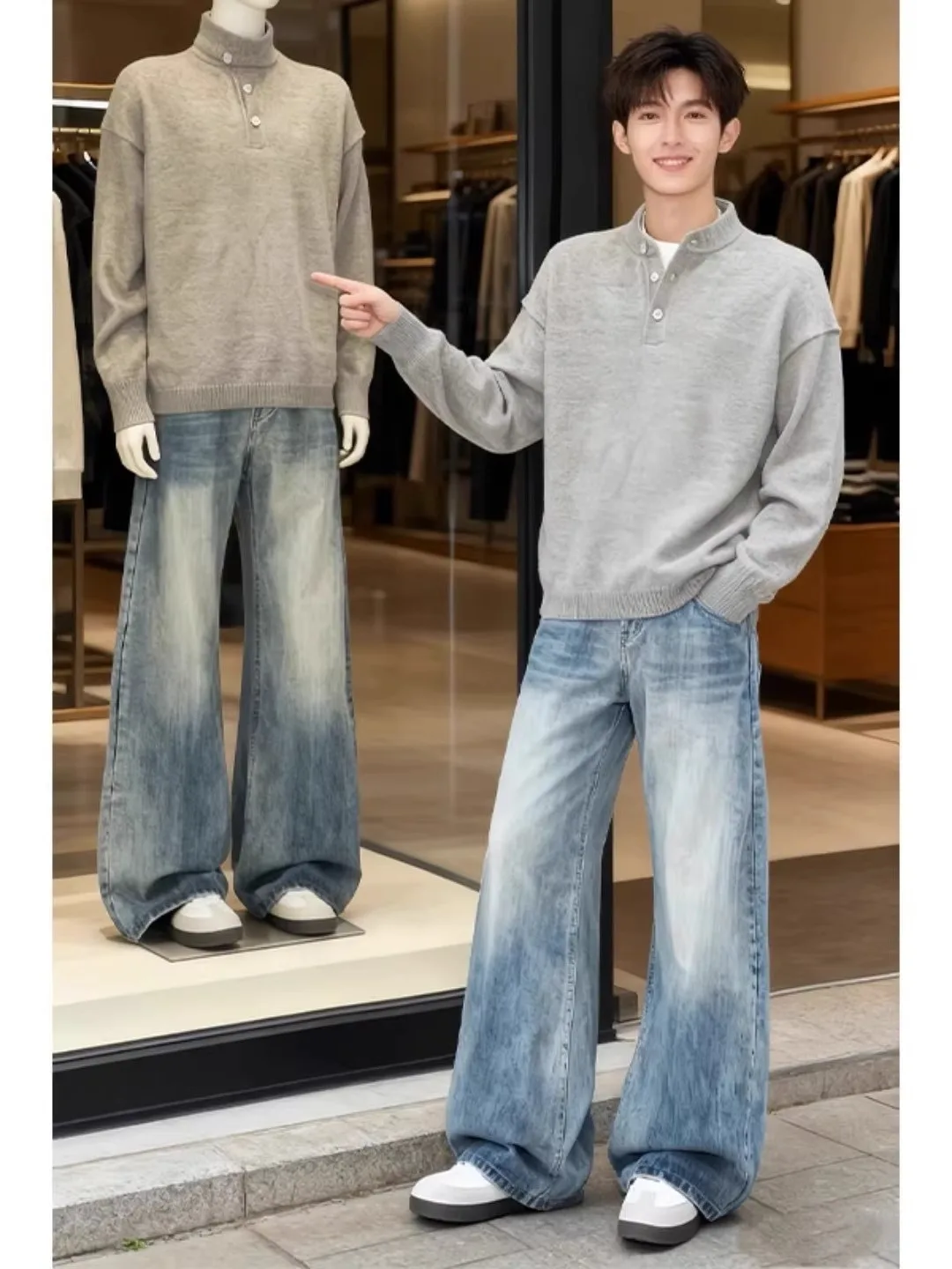 

Retro Washed Knife Men's Jeans American Style Bamboo Pattern Flared Cleanfit Casual Wide Leg Pants Spring Season