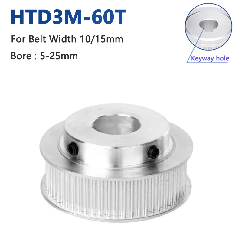 1pc 60 Teeth HTD3M Timing Pulley Bore 5/6/6.35/8/10/12/12.7/14/15/16/17-25mm 60T HTD-3M Synchronous Wheel for Belt Width 10/15mm