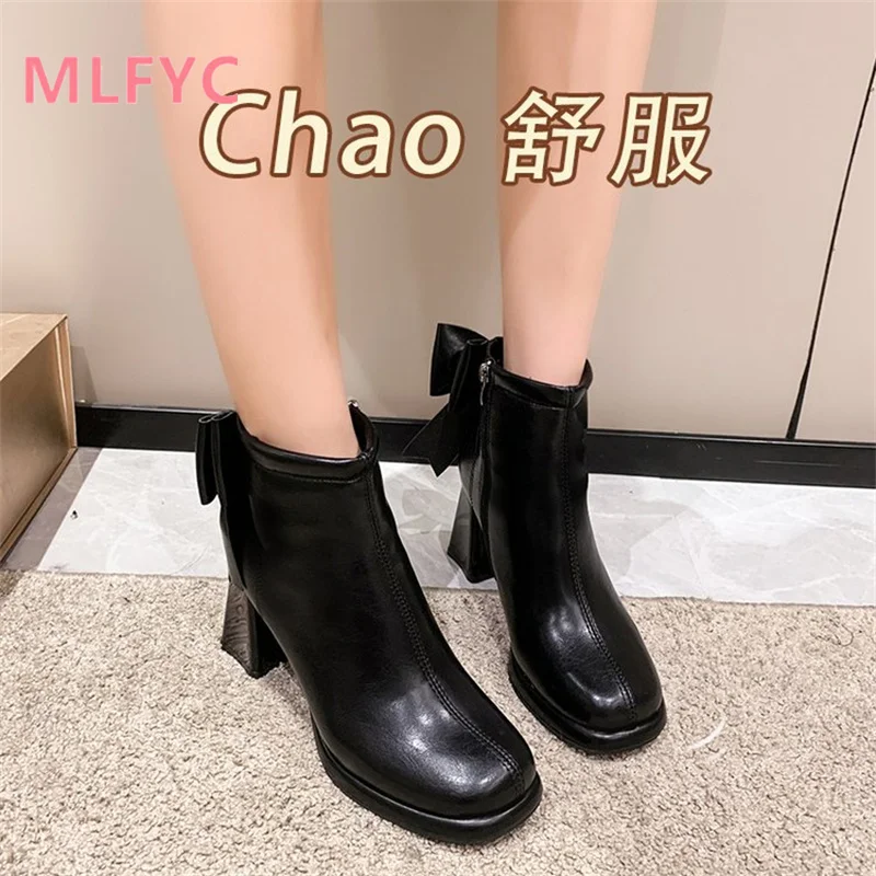 High Heel Fashion Femal Boots New Autumn and Winter Boots Thick Heel Retro Short Boots Ladies Bow Tie Side Zipper Women\'s Boots