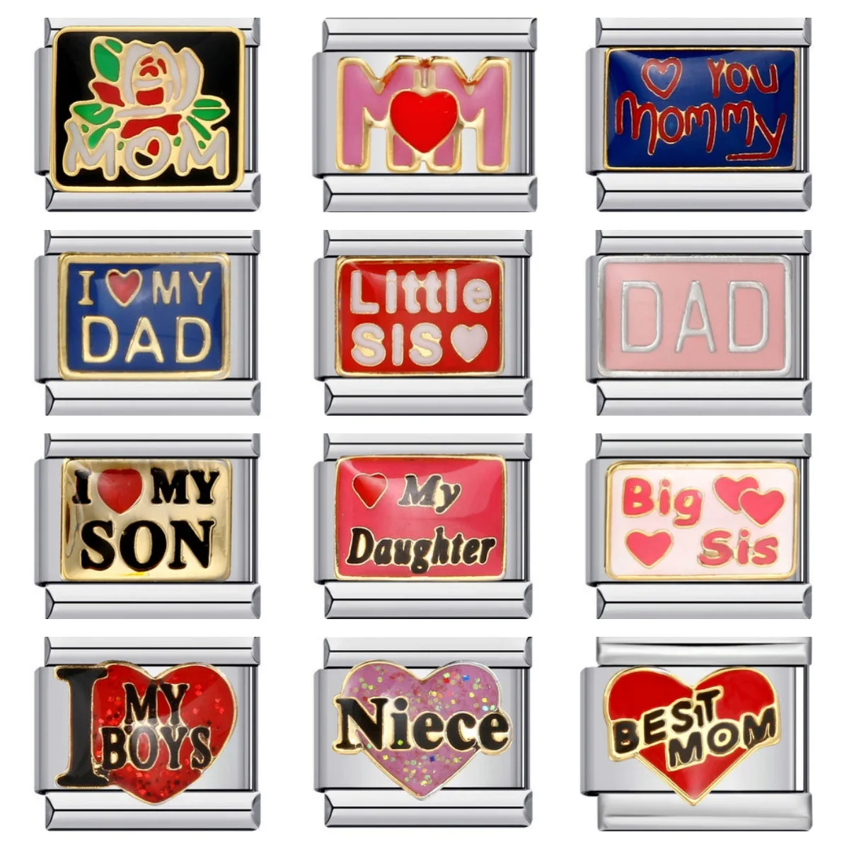 

Stainless Steel 9mm Family Theme Dad Mom Sister Brother Son Italian Charm Bracelet - DIY Jewelry Gift