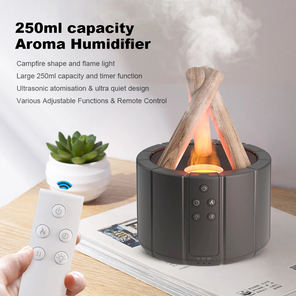 Simulated Flame Aroma Diffuser Bonfire Air Humidifier 250ml Cool Mist Maker LED Night Light Aromatherapy Essential Oil Diffuser