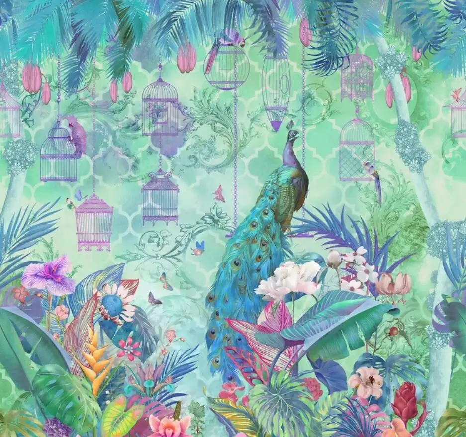 

beibehang Hand painted peacock flowers and birds 3d wallpaper bird cage tropical plants mural living room tv background