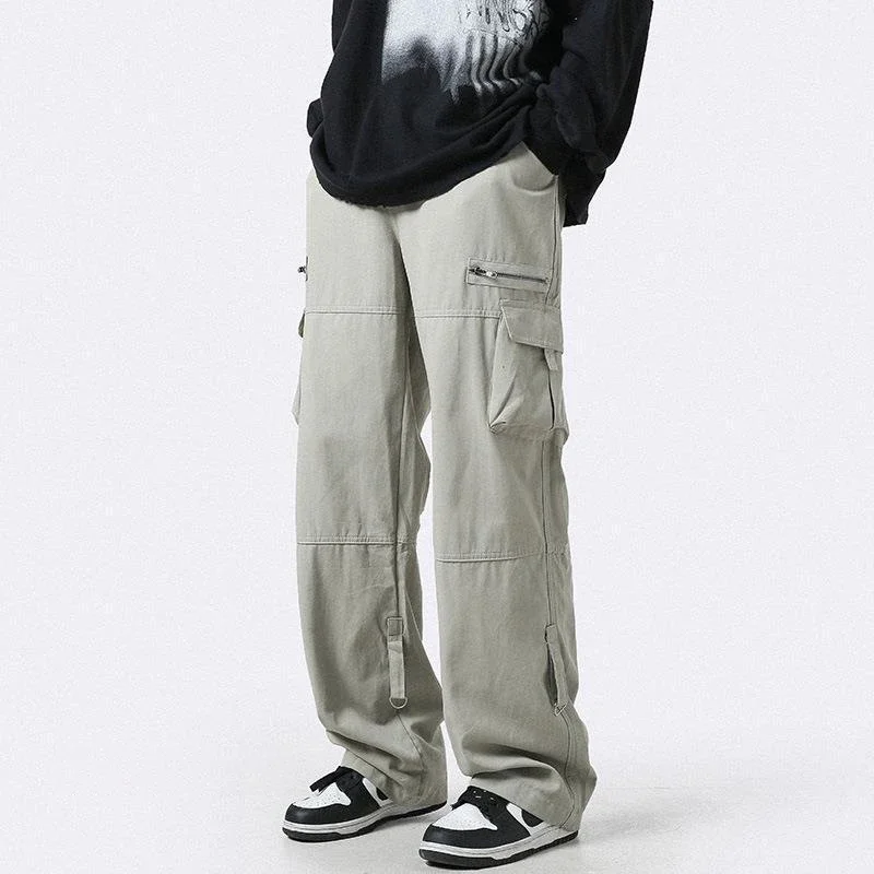 Pantalon cargo surdimensionné à jambe large pour homme, salle de bain, salle de bain, salle de bain, salle de bain, salle de bain, salle de bain, U, fermeture éclair, streetwear, hip hop, décontracté, coréen, japonais, poche, style safari, fjMale