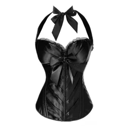 Sexy Luxury Satin Halter Overbust Corset Lace Up Side Zipper Lingerie Body Shaper Bustier Top For Women Black White