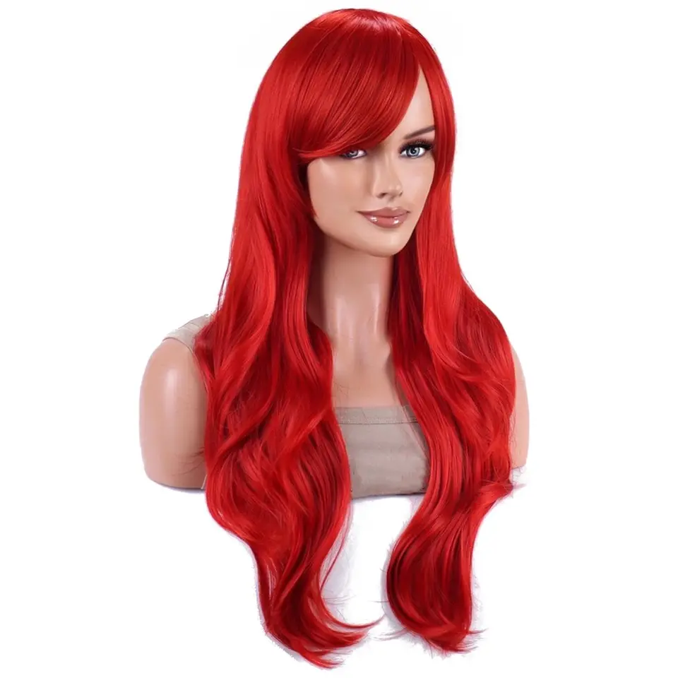 Peluca Sintética Probeauty Sirena Larga Roja Rizada Body Wave Peluca para Disfraces de Halloween Cosplay para Mujer Peluca de Moda para Uso Diario 5
