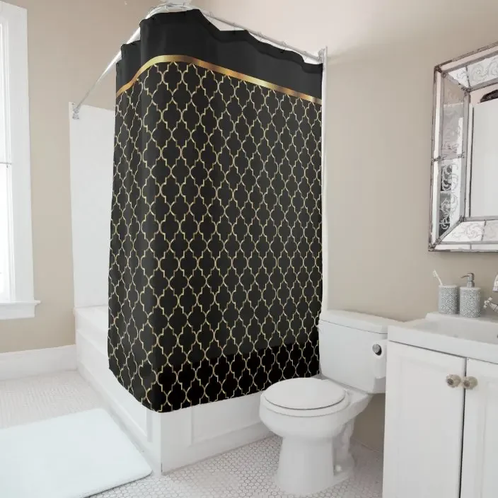 Elegant black and gold leaf seamless pattern chevron striped shower curtain bathroom curtain with hook bathroom curtains l220cm