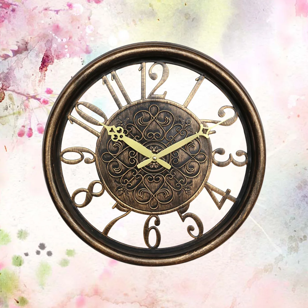 

European Style Wall Clock Hollow Silent Retro Vintage Hanging Clock For Home Office Decor Yellow Large Size Accurate Movement