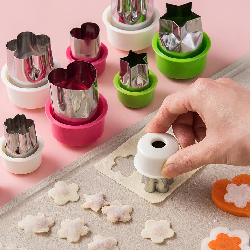 8 unids/set cortador de verduras conjunto mango de plástico Mini cortadores de galletas y pastel molde de sello de pastelería de frutas herramienta de corte de frutas de acero inoxidable