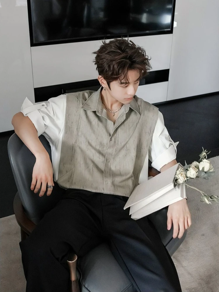 

New Patchwork Stripe Short Sleeve Shirt for Men 2026 Summer Fashion Fake Two Piece Tops Breathable Daily Wear
