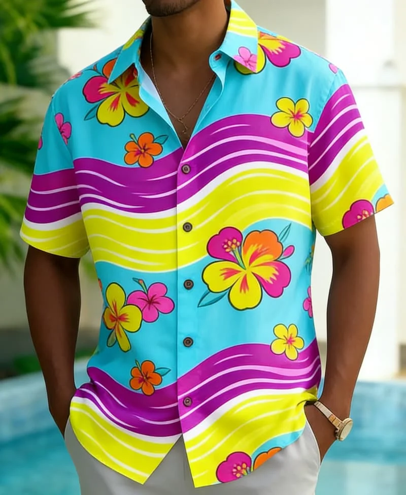 Men's Playful Island Element Print Shirt, Trendy Casual Wear for Summer, Beach Trips, Daily Outings & Street Fashion