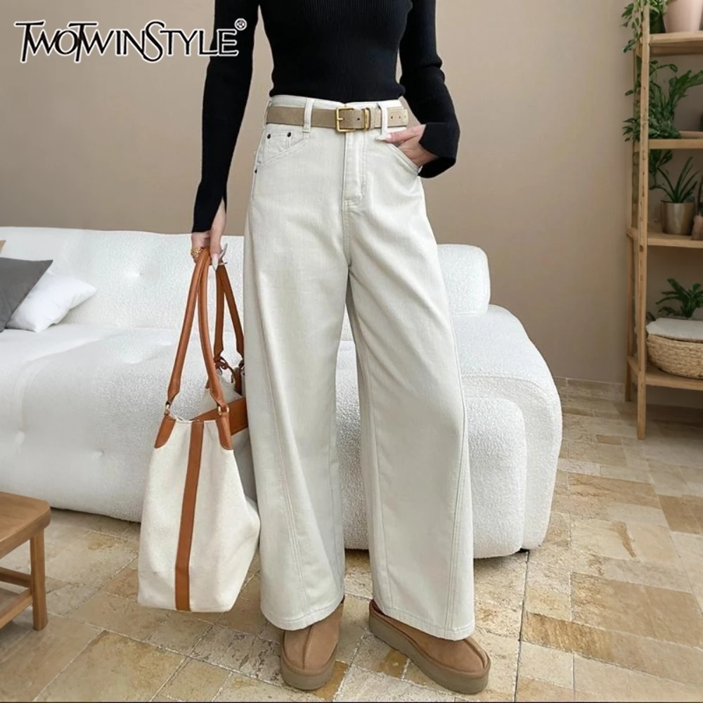 

TWOTWINSTYLE Solid Spliced Pocket Trousers Female High Waist Loose Streetwear Basics Women's Straight Pants Autumn New Fashion