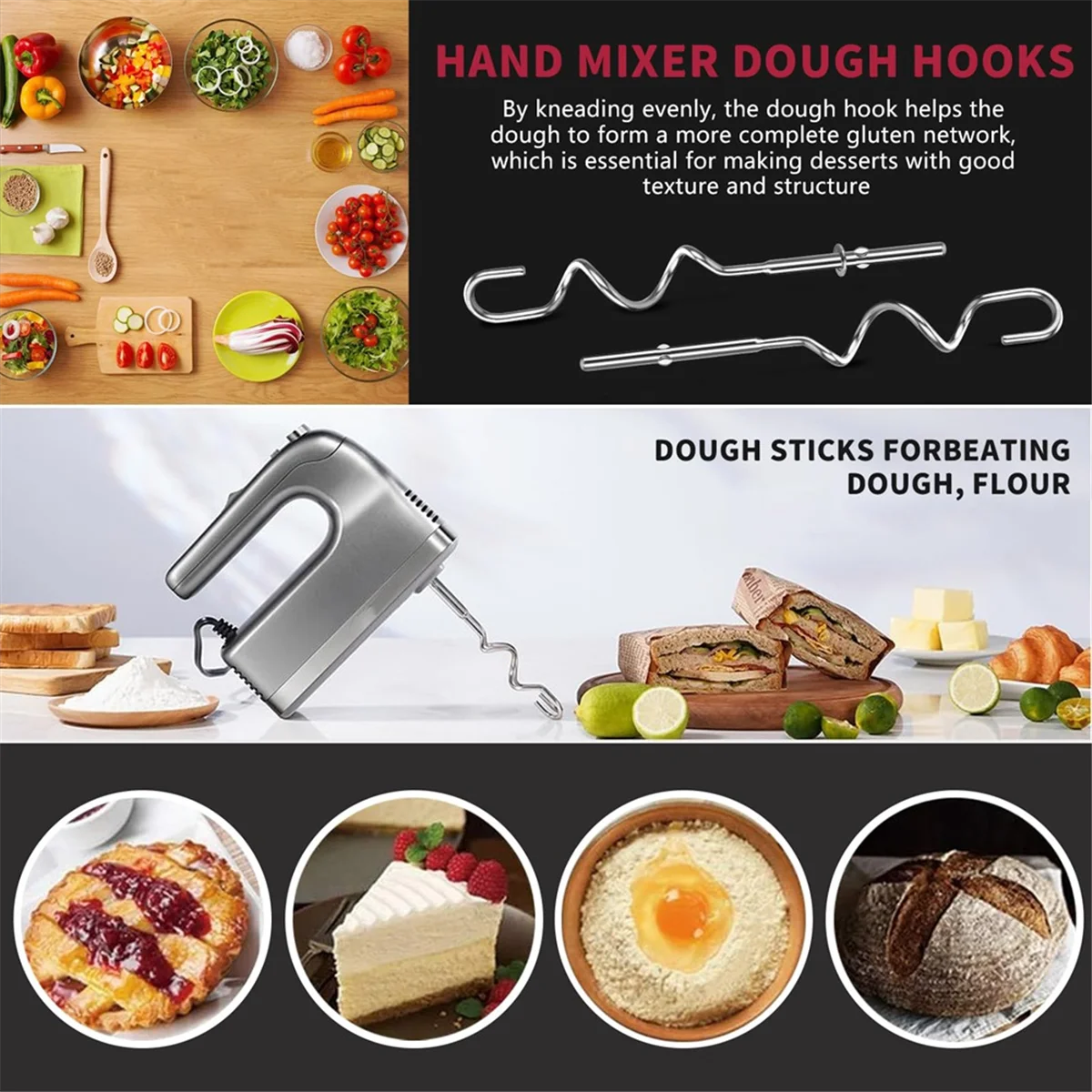 Gancho de massa FZFZ para substituição de misturador manual para ganchos de massa de misturador manual KHM512, ganchos de massa de aço inoxidável