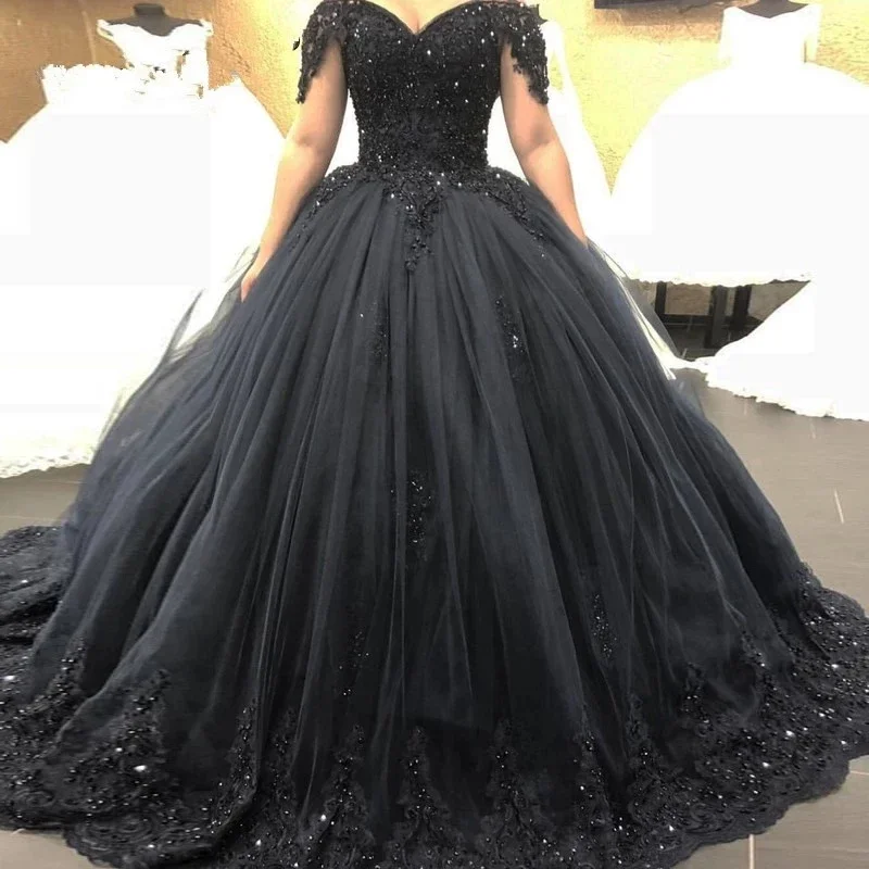 

2024 Black Ball Gown Gothic Wedding Dresses Off the Shoulder Beading Lace Tulle Women Non White Bridal Gowns Colored Colorful