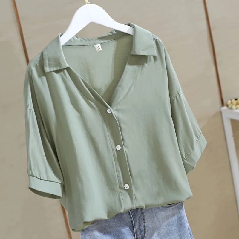 

Half Sleeved Green V-neck Short Sleeved Shirt Women Mid Length Shirt Women's Summer