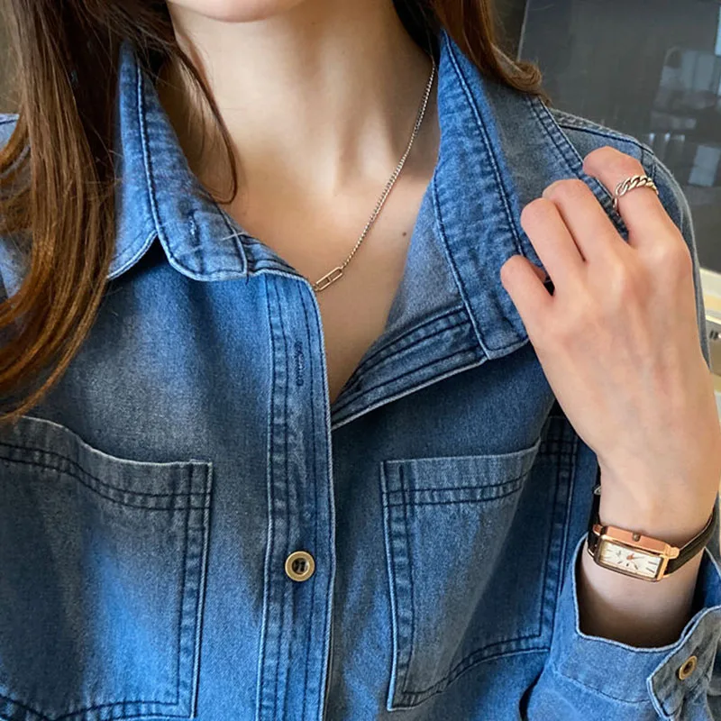 Lucyever Blue Denim Shirt Women 2023 Autumn New Single-Breasted Jeans Blouses Female Pockets Loose Fashion Lapel Cowboy Blusas