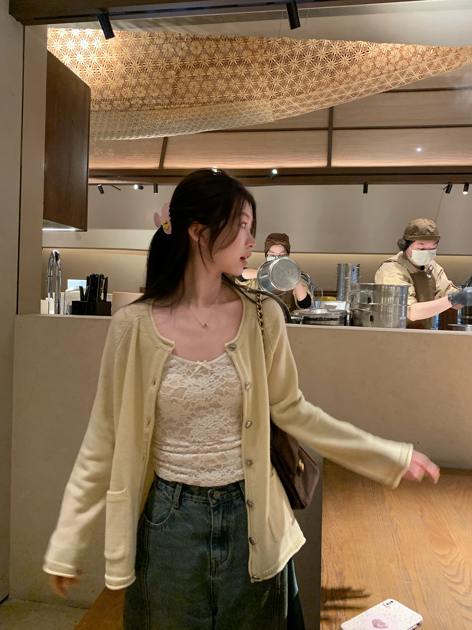 

Laid-ba Sle Long Sve Knitted Open Cardigan with ket Cuffed Loose Fit Women's Daily Wear round Ne Spring Faion