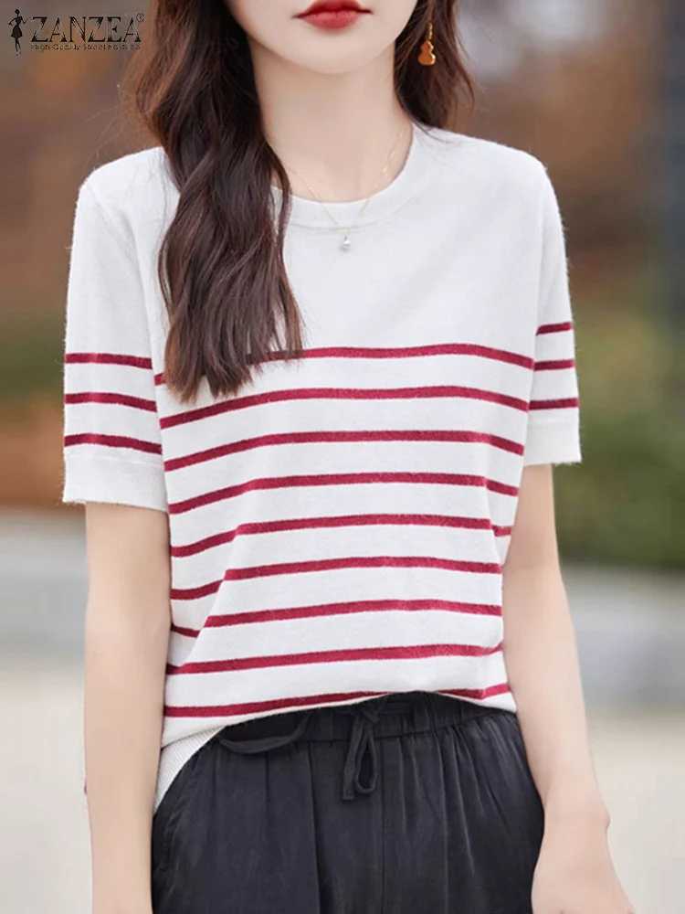 

2024 ZANZEA Fashion Women O Neck Short Sleeve Shirt Casual OL Work Blusas Summer Striped Blouse Female Office Tops Tunic Chemise