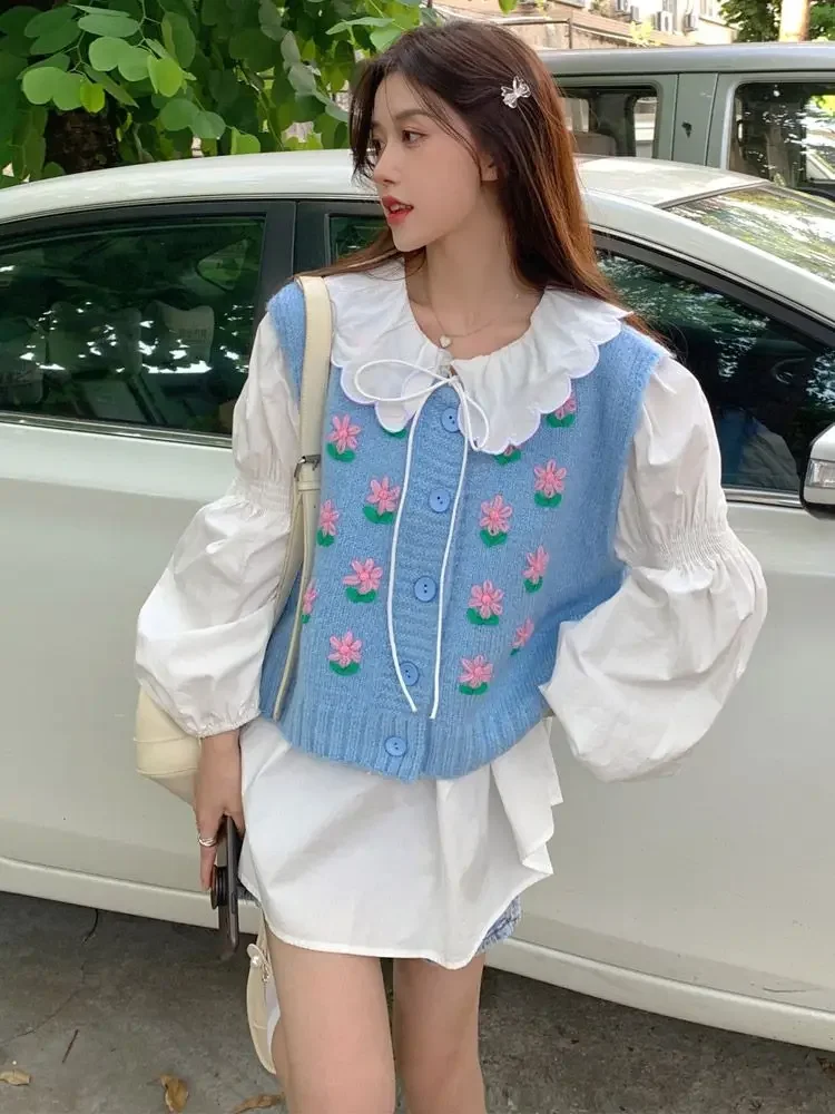 Vintage Lovely Sweater Vests Girl Gentle Cozy Embroidery Prairie Chic O-neck Students Sweet Design Y2k Preppy All-match