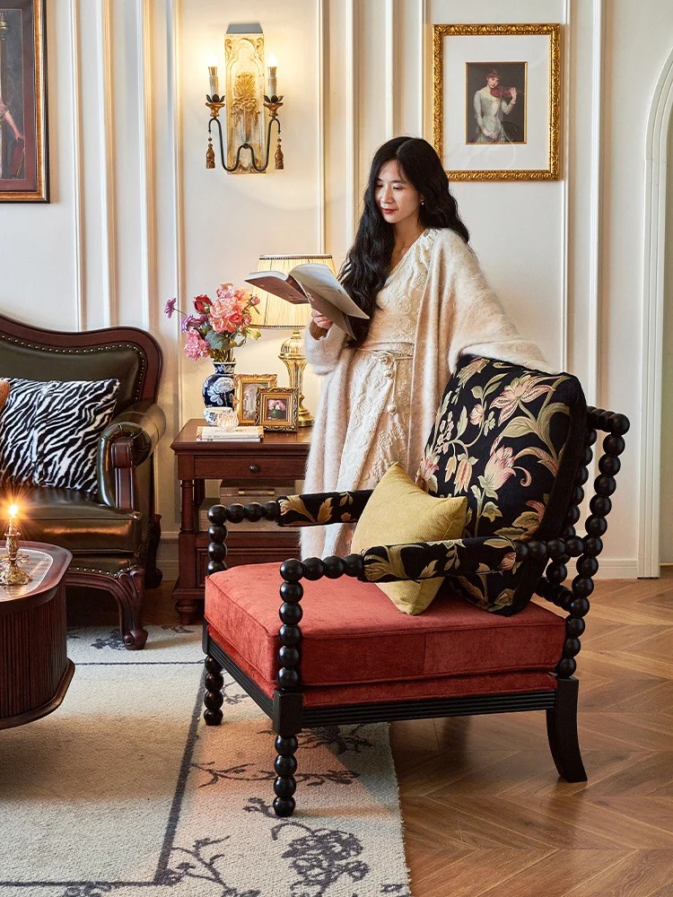 French black pearl chair retro high-end solid wood single sofa living room leisure stool tiger chair